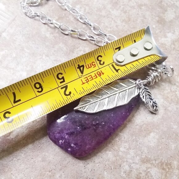 Large Purple Lepidolite Stone & Leaves Pendant w. 24" Silver Plated Chain - Picture 7 of 8